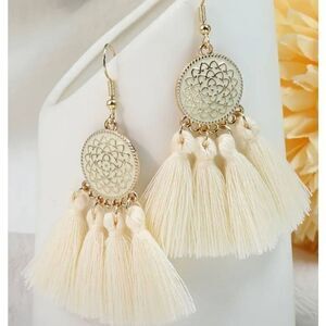 Boho Earrings Dangle Drop Western Carved Geometric Tassel Pendant Gold Tone Hook